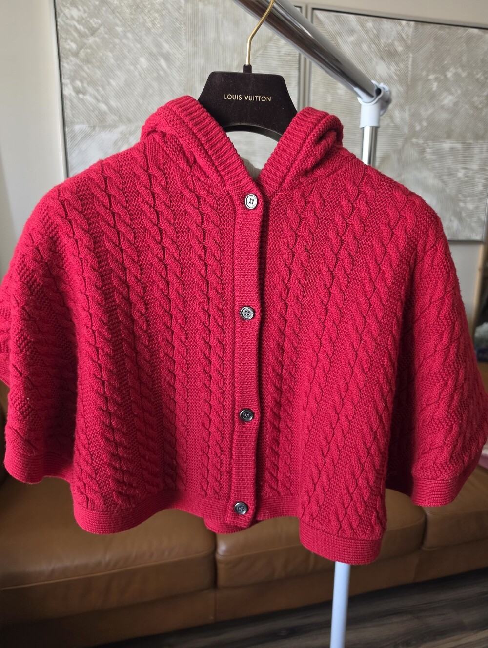 Kids Burberry Hooded Cable Knit Sweater Cape - Red